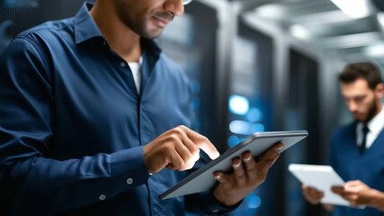 IT technician inspecting server facility with tablet faceless professional defocused rack background technology cloud computing cybersecurity infrastructure monitoring - Powered by Adobe