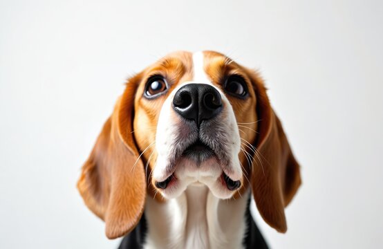 Beagle dog looks up with big eyes and wet nose. Tri-color hound has long floppy ears. Cute canine face isolated on white background with copy space for text.