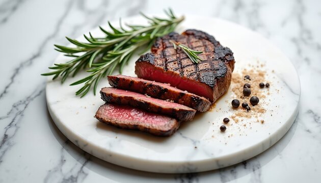Juicy grilled kangaroo steak rests on a white marble plate, sliced to show its tender pink interior. Garnished with fresh rosemary sprigs, coarse salt, and peppercorns for a gourmet presentation. - Powered by Adobe