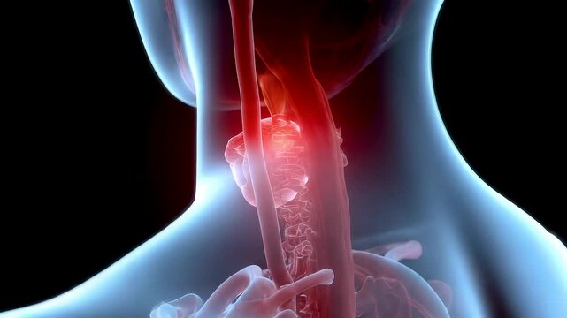 Human Throat Anatomy Esophagus Trachea Glowing Red Highlight Transparent Body Medical View Dark Background