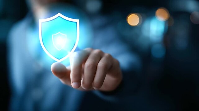 Secure data network protected by confident cybersecurity professional faceless specialist defocused digital background information protection expertise network security