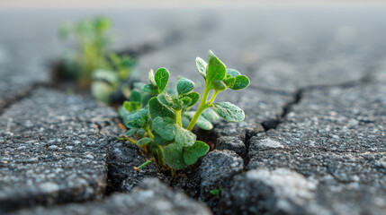 Small green plant growing through cracked asphalt