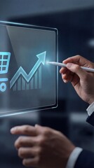 online marketing businessman touch cart analysis strategy digital hologram screen vertical concept