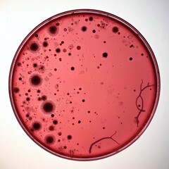 Petri dish with red agar shows diverse bacterial colonies and growth patterns. Microscopic organisms multiply on nutrient medium. Scientific research aids medical advancements, disease prevention.
