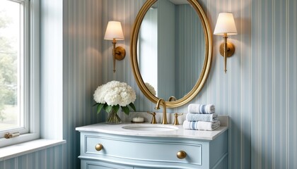 Light blue powder room with striped wallpaper features a vanity cabinet, gold oval mirror, and brass sconces. White hydrangeas in a vase add floral decor to the elegant space.