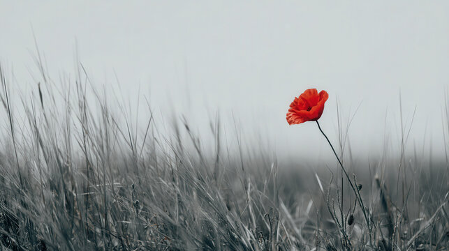 Lonely red poppy standing tall in a misty gray field
