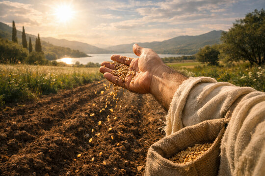  Close-up of a Jesus Christ sowing seeds by hand across tilled earth during a golden sunset, illustrating the Parable of the Sower