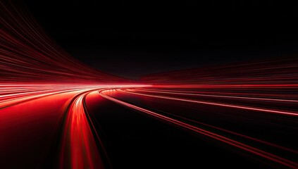 Abstract, futuristic illustration of light trails curving across a black background
