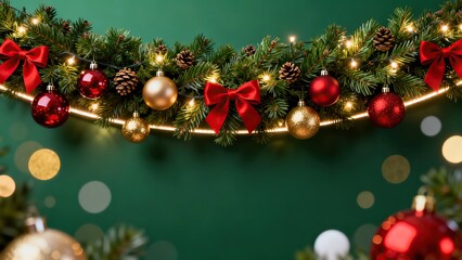 Festive Christmas garland with red and gold ornaments and warm string lights against a green bokeh backdrop, cozy holiday decor