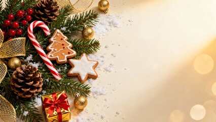 Cozy Christmas centerpiece featuring candy cane, gingerbread and star cookies, pine cones, evergreen sprigs, gold ornaments, red berries, ribbons, and a wrapped gift on a snowy golden background.