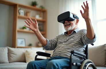 Elderly man in wheelchair uses VR headset at home. He smiles and gestures excitedly. Senior explores virtual reality with headset on, enjoying new tech. Man experiences metaverse.