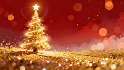 Golden Christmas tree with a luminous spiral ribbon of light on a glittering field under a warm red twilight sky, a magical festive landscape.