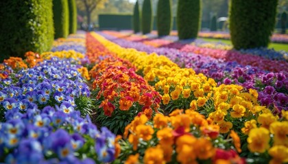 Rows of colorful pansy flowers bloom in orderly lines. Vibrant blossoms in purple, yellow, orange, and pink create a cheerful garden scene. Green hedges frame the botanical display.