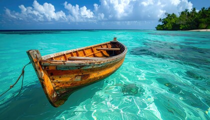 Obraz premium Wooden Rowboat in Turquoise Water near Tropical Island