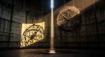 Mysterious light beam illuminates spherical sculptures in a dark, cavernous space