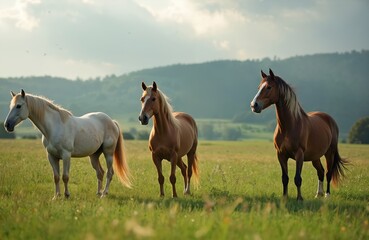 Three horses stand in a grassy field during daylight. One horse is white, and two are brown or chestnut. They are domestic animals in a natural outdoor setting.
