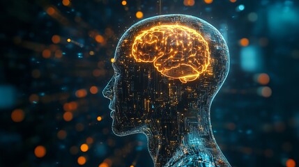 A futuristic digital illustration of a human head with a glowing brain