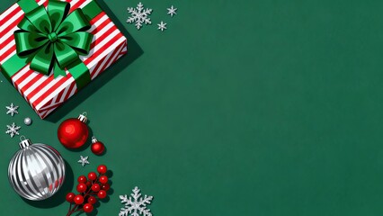 Festive Christmas gift box with a bright green ribbon, red-and-white striped wrapping, and silver and red ornaments on a rich green background, capturing a joyful holiday mood