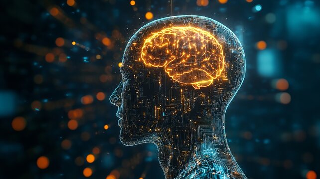 A futuristic digital illustration of a human head with a glowing brain - Powered by Adobe