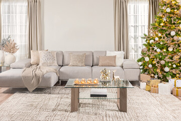 Scandinavian-Style Luxury Living Room Featuring a Cozy Gray Sofa Corner, Glass Coffee Table, and...
