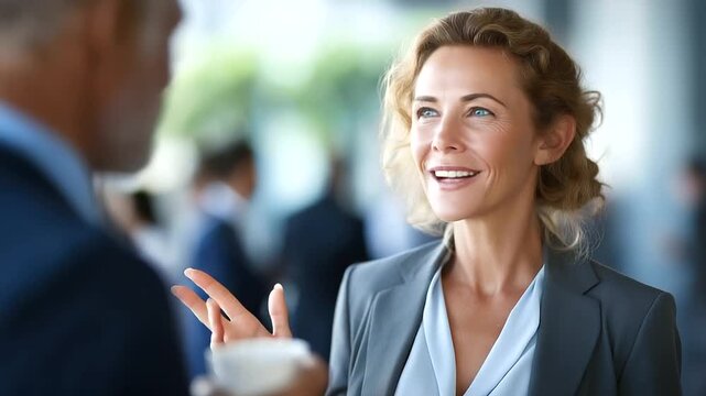 Senior business professional in eyewear conversing at networking gathering faceless female specialist defocused congress background entrepreneurial discussion industry event