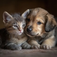 Fototapeta premium kitten and puppy together, friendly interaction, soft lighting, minimal background