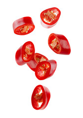 Red hot sliced chili pepper forming  figure looks like a loop in space. Volumetric light from behind. Isolated on white.