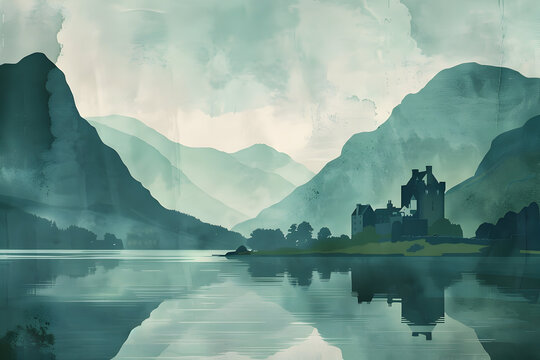 Retro scotland postcard with castles and loch ambience for travel memorabilia and tourism design