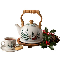 Cozy christmas morning tea setup with teapot and cup