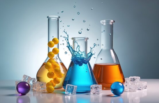 Three flasks with colored liquids and solid spheres. Water splashes and ice cubes suggest changes in states of matter. Research and development in science.