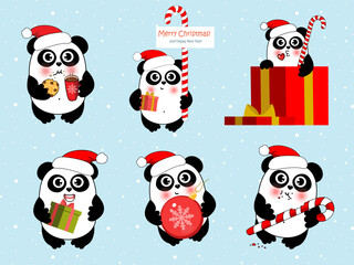 Cute Christmas panda set. Winter kids illustration. Christmas character.