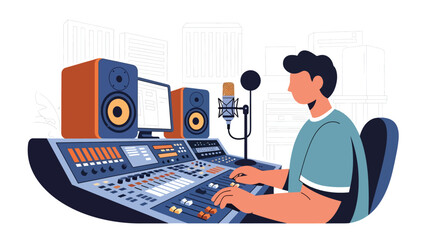Modern flat vector illustration of music producer working at mixing desk in recording studio, ideal for music production and creative media themes