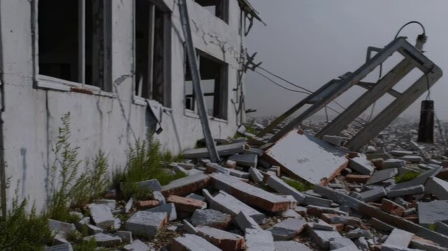 Destroyed building surrounded by debris and collapsed structure after disaster or demolition, with broken bricks and overgrown weeds. Concept of urban decay, post-disaster scene, destruction aftermath