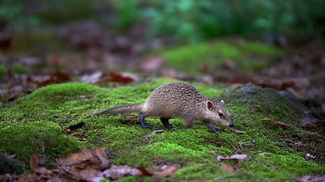 A small, brown, long-tailed animal, possibly a quoll, forages on a mossy forest floor.