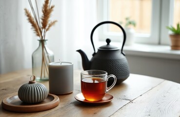 Cozy scene features a cup of hot tea next to a teapot on a wooden table. A candle and dried reeds in a vase add to the calm, hygge atmosphere. Soft light filters through a nearby window.