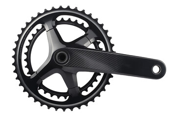 Carbon fiber crankset and chainring showing modern engineering for road and mountain bikes, providing high strength and low weight 

