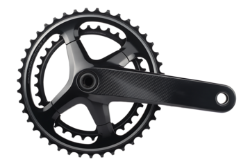 Carbon fiber crankset and chainring showing modern engineering for road and mountain bikes, providing high strength and low weight 
