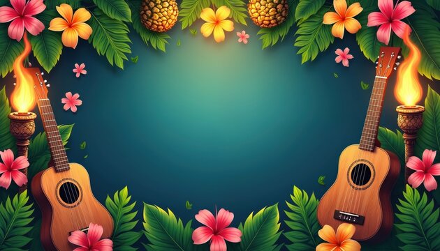 Ukulele with flaming tiki torches, pineapples, and hibiscus flowers. Rich green leaves frame empty space. Hawaiian party theme borders, bright floral design.