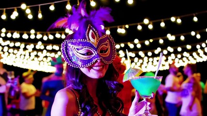 Colorful mardi gras celebration with woman wearing festive mask and holding a vibrant cocktail amidst lively party scene. concept of carnival, festivity, fun celebration
