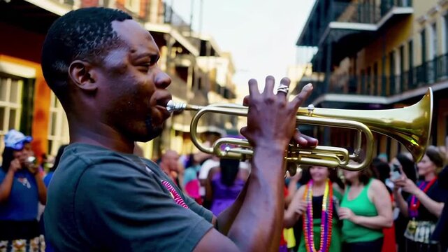 African american man playing trumpet during vibrant mardi gras street parade celebration in new orleans. concept of music festival, cultural tradition, joyful street performance