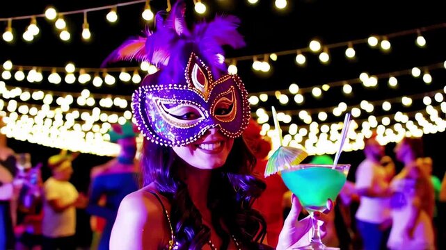 Colorful mardi gras celebration with woman wearing festive mask and holding a vibrant cocktail amidst lively party scene. concept of carnival, festivity, fun celebration