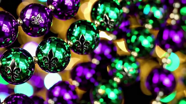 Mardi gras celebration with shimmering purple and green beads featuring fleur-de-lis pattern reflecting vibrant festival lights. concept of festive decor, extravagant celebration, cultural parade