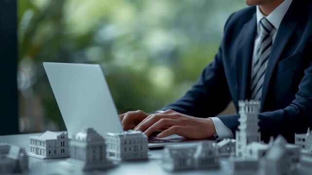 Businessman Typing Laptop Surrounded Miniature City Models Buildings Urban Planning Desk Work