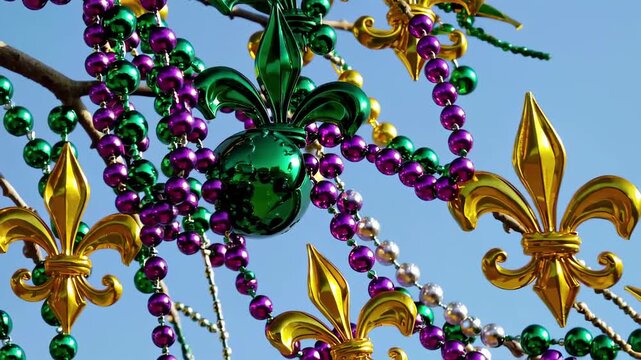 Colorful mardi gras beads and fleur-de-lis decorations celebrating festive traditions on a bright sunny day. concept of vibrant festival, party atmosphere, joyful celebration