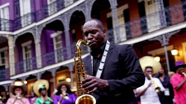 African american jazz musician playing saxophone at mardi gras parade in new orleans french quarter. concept of street festival, live music performance, cultural celebration.