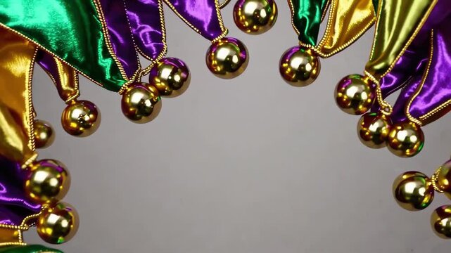 Vibrant mardi gras jester hats with colorful bells on display celebrating new orleans festival. concept of festive decor, cultural celebration, joyful parade accessories