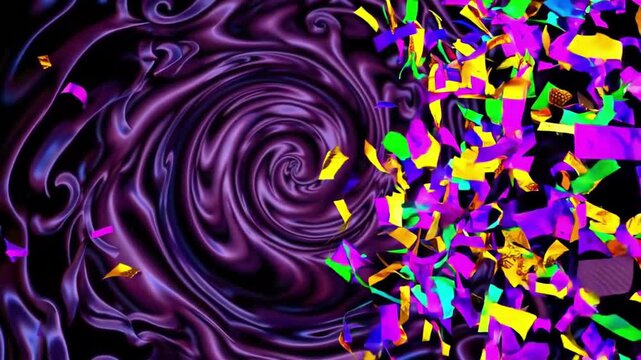 Colorful mardi gras animation with vibrant swirling patterns and festive confetti explosion. concept of celebration, carnival festivity, joyful party atmosphere.