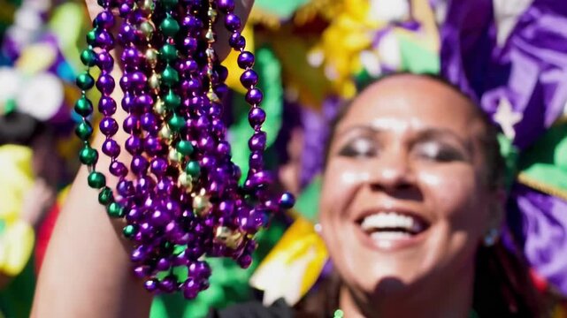 Vibrant mardi gras celebration with colorful beads in festive parade atmosphere. concept of joyful festival, new orleans tradition, cultural celebration