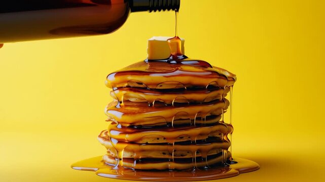 Stack of Pancakes with Butter and Maple Syrup on Yellow Background