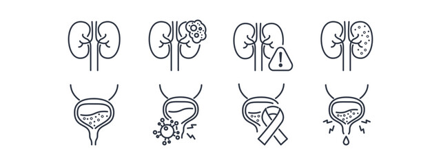 Urology icon set featuring kidney and bladder disease symbols. Medical outline graphics for renal health, urinary tract infections, and cancer awareness materials.